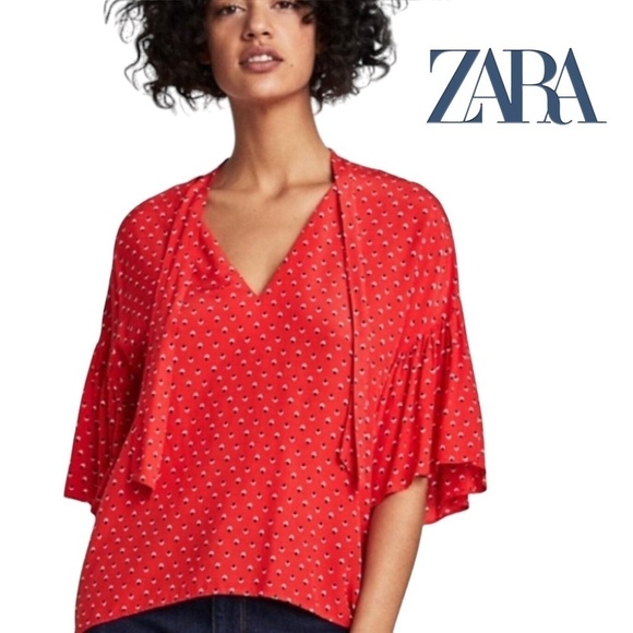ZARA Blouse Top Shirt Flutter Butterfly Sleeve Bow Tie Neck Hi Low Relaxed Fit - Picture 1 of 14
